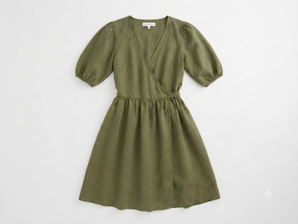 Menique M Heather Green Linen Wrap Dress Lagenlook Minimalist Casual Cottage
